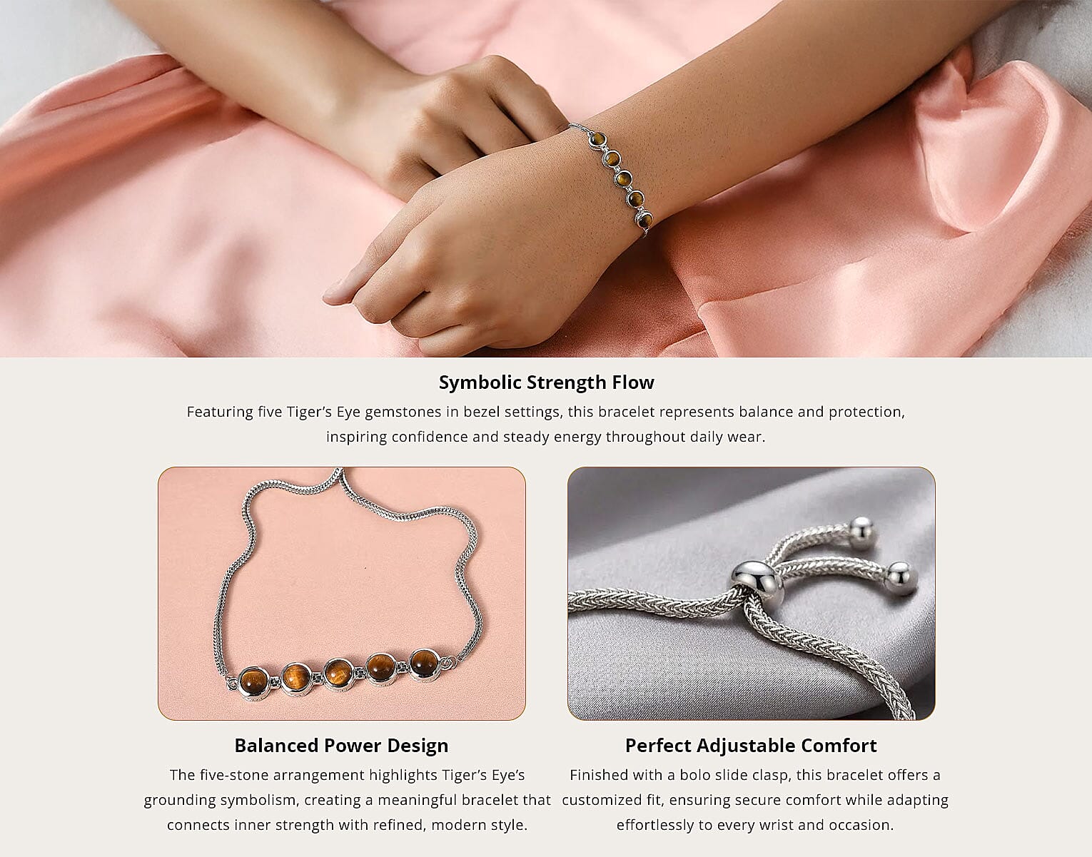EverTrue Tiger's Eye 5.65 ctw Bracelet in Platinum Bond Stainless Steel, Adjustable Bolo Bracelet Banner