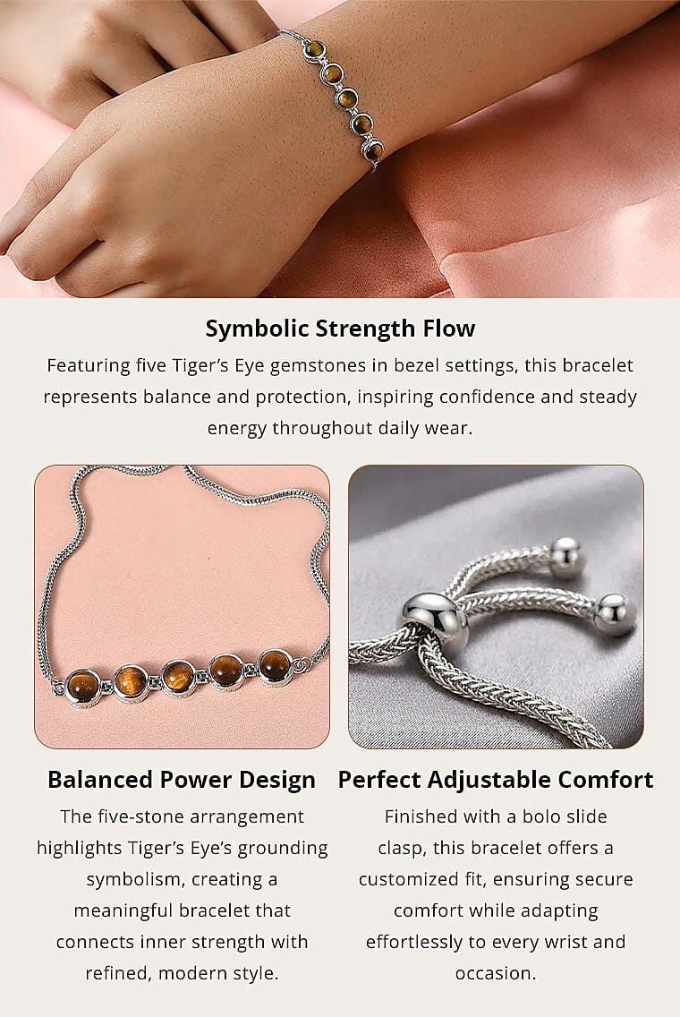 EverTrue Tiger's Eye 5.65 ctw Bracelet in Platinum Bond Stainless Steel, Adjustable Bolo Bracelet Banner