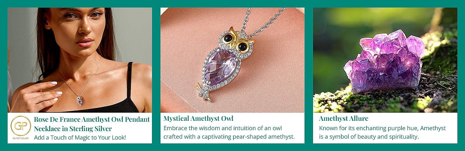 GP Rose De France Amethyst Owl Pendant Necklace in Sterling Silver Banner