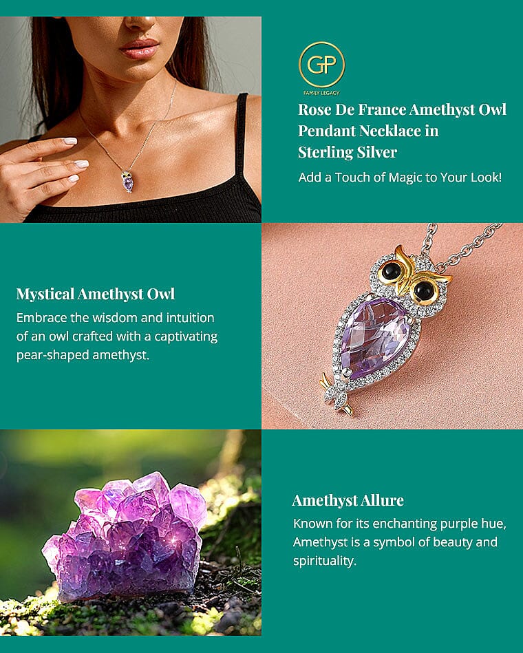 GP Rose De France Amethyst Owl Pendant Necklace in Sterling Silver Banner