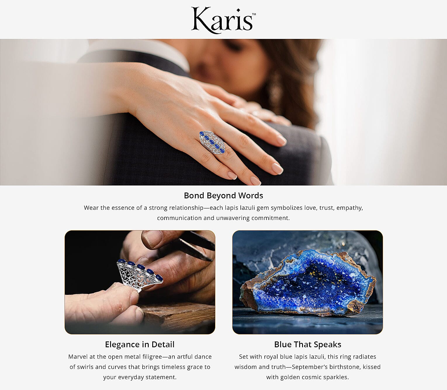 Karis Lapis Lazuli Openwork Elongated Ring in Platinum Bond Banner