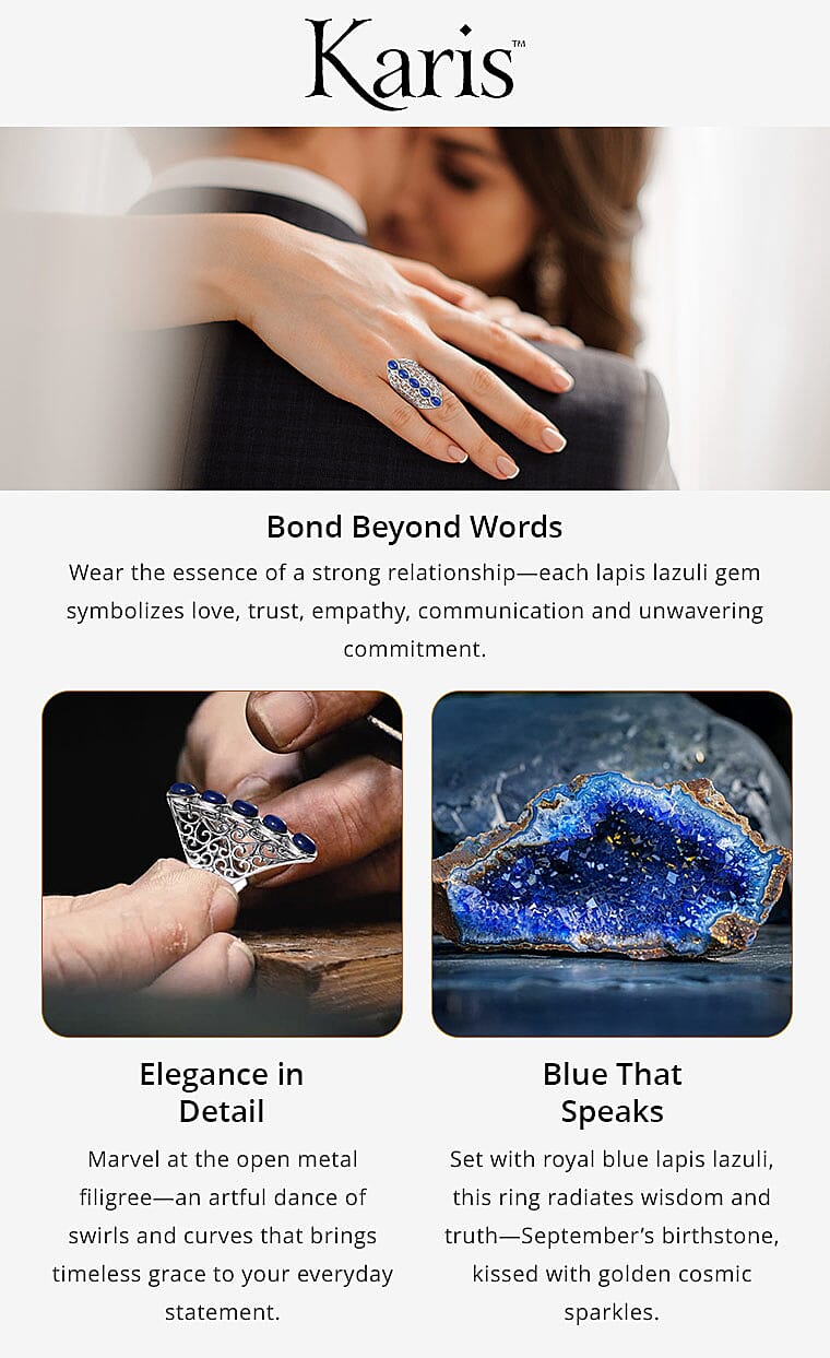 Karis Lapis Lazuli Openwork Elongated Ring in Platinum Bond Banner