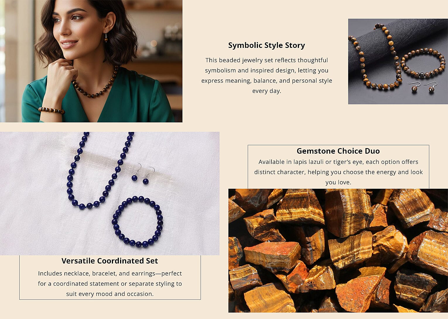 Tiger's Eye 281.50 ctw Beaded Stretch Bracelet, Earrings and Necklace Set in Sterling Silver (18.00 In) Banner