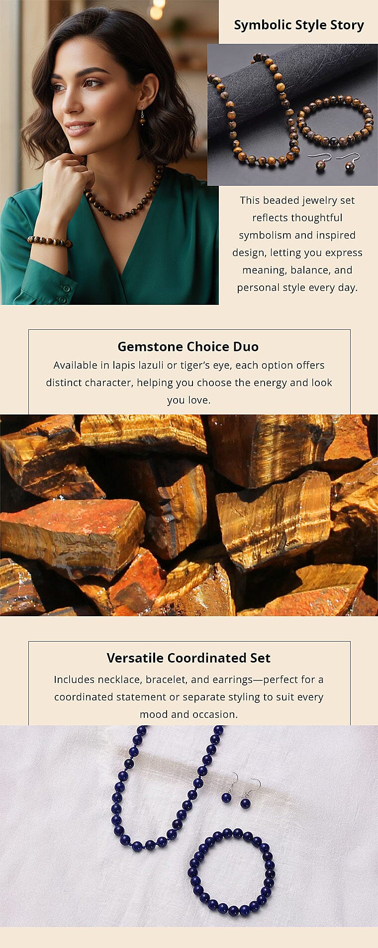 Tiger's Eye 281.50 ctw Beaded Stretch Bracelet, Earrings and Necklace Set in Sterling Silver (18.00 In) Banner