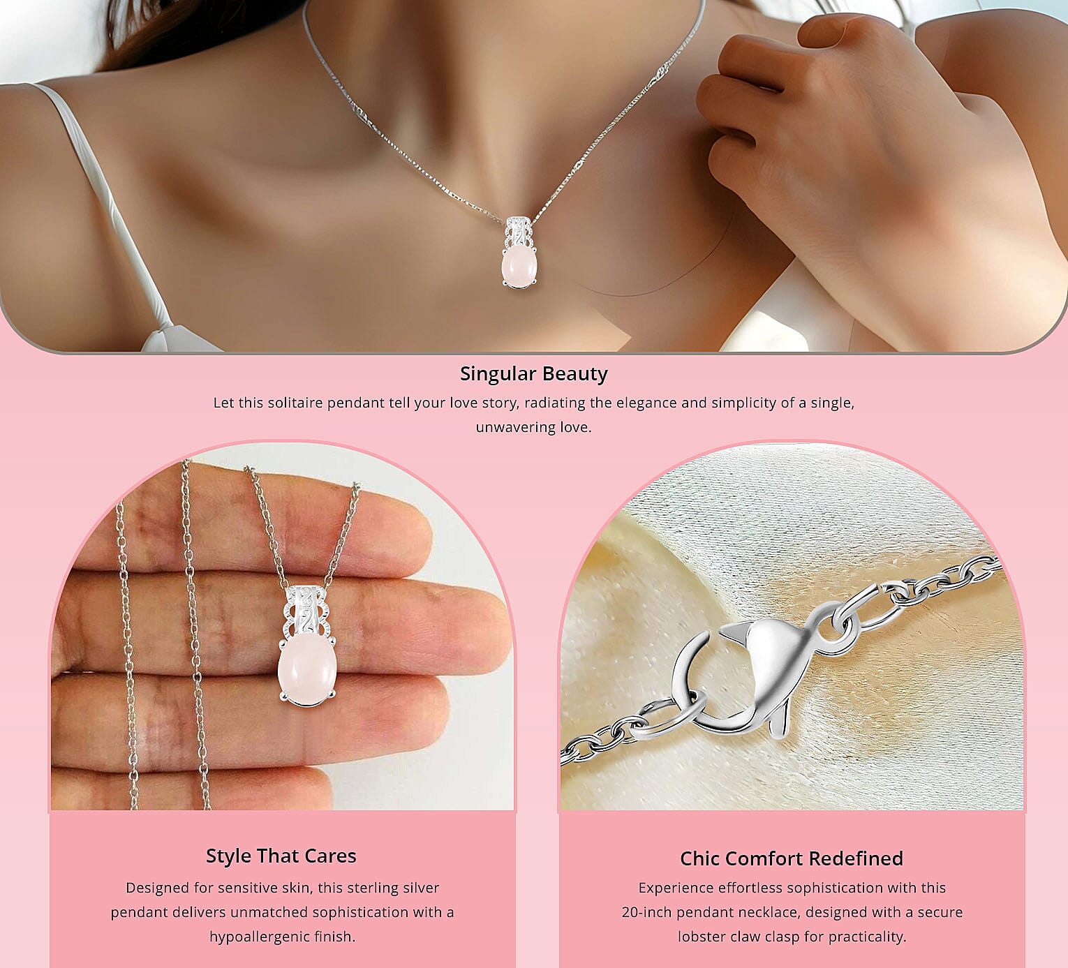 Galilea Rose Quartz Pendant in Sterling Silver with Stainless Steel Necklace Banner