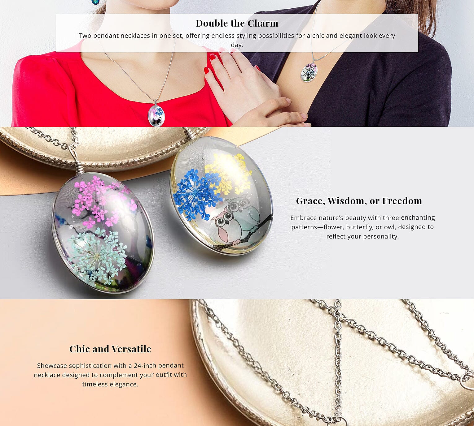 Set of 2 Pressed Flowers Pendant in Silvertone with Stainless Steel Necklace Banner