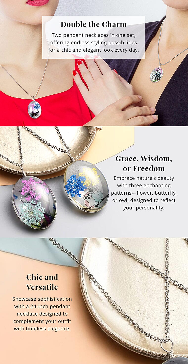 Set of 2 Pressed Flowers Pendant in Silvertone with Stainless Steel Necklace Banner