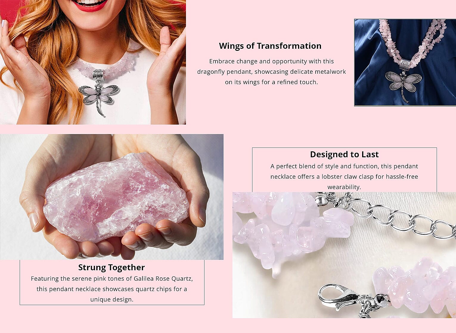 Galilea Rose Quartz Necklace in Black Oxidized Silvertone, Dragonfly Pendant Banner