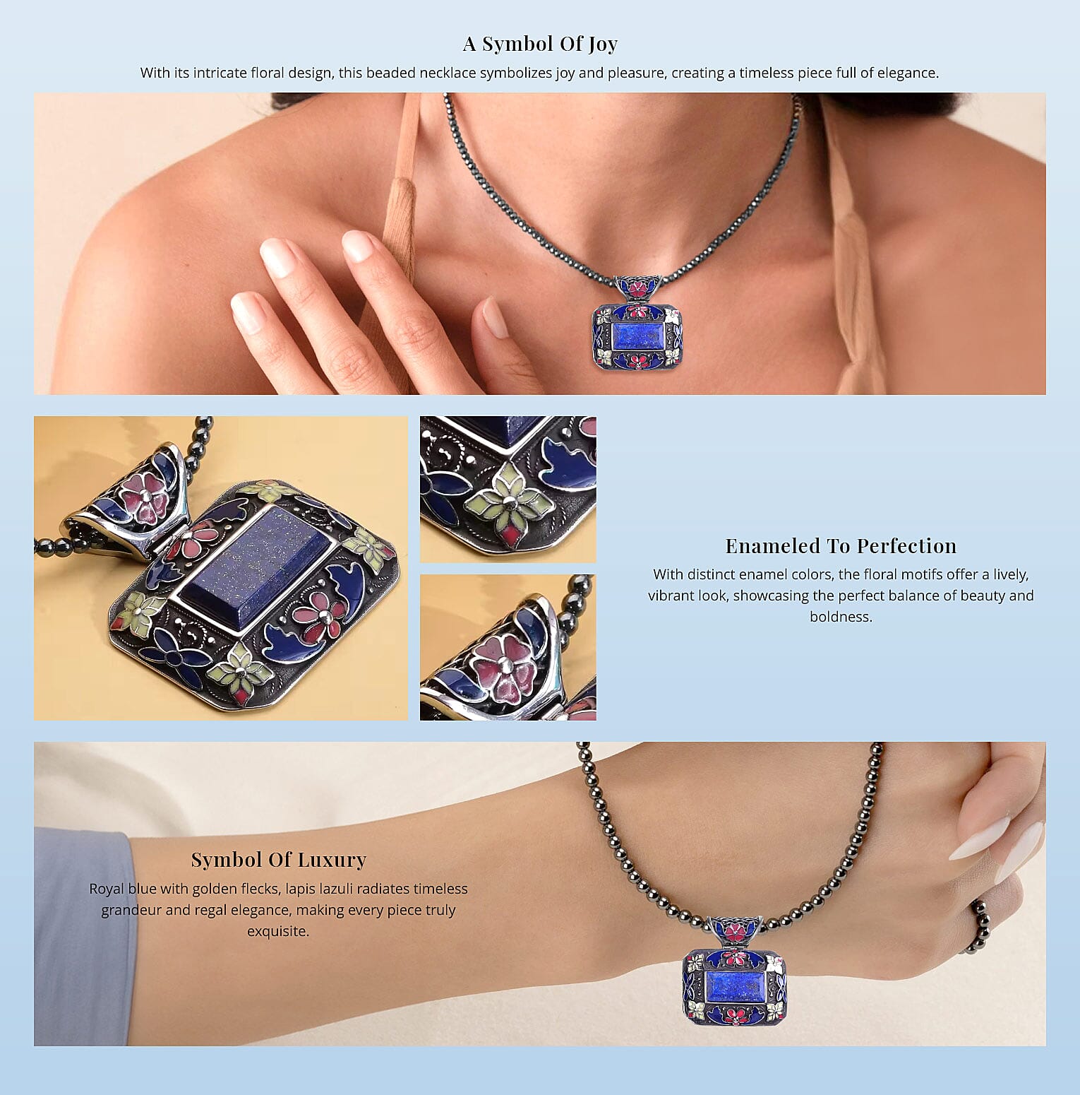 Lapis Lazuli Bead Pendant Necklace in Stainless Steel, Enameled Pendant With Bead Necklace Banner