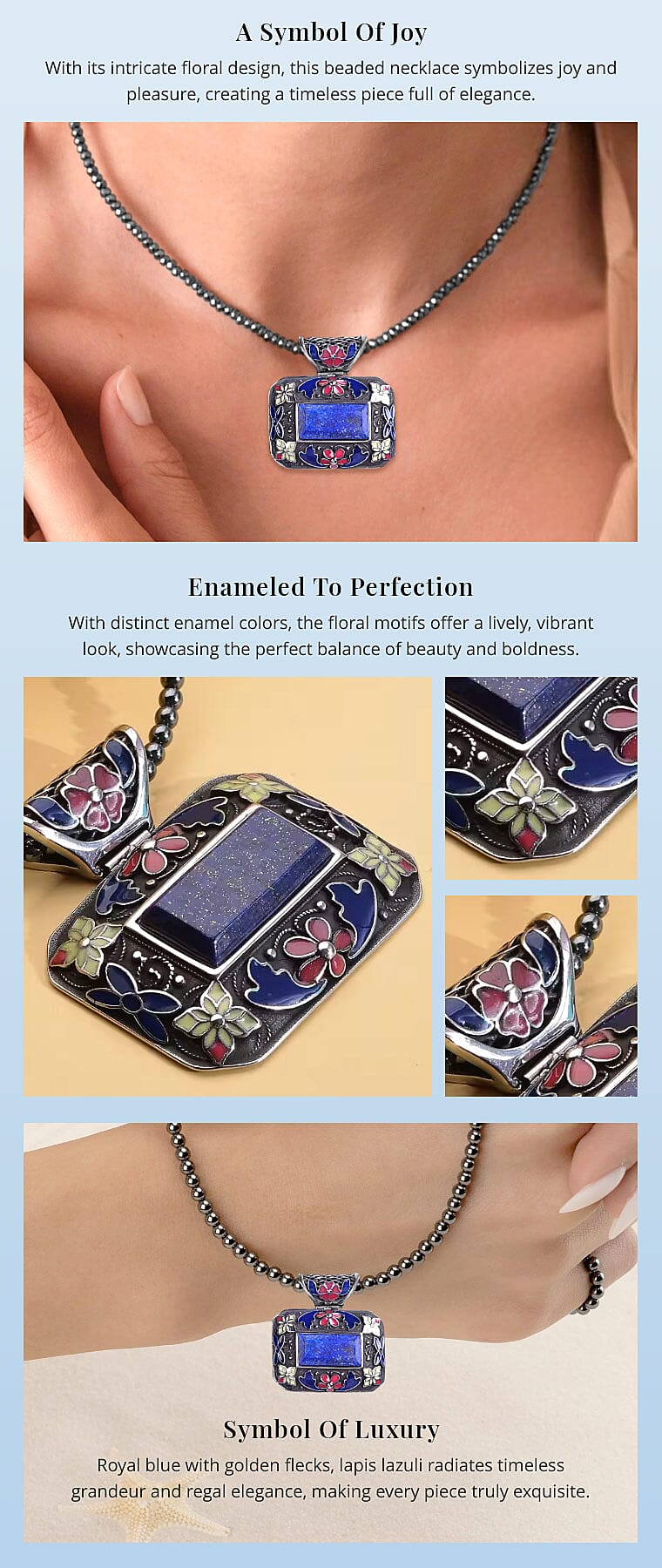 Lapis Lazuli Bead Pendant Necklace in Stainless Steel, Enameled Pendant With Bead Necklace Banner