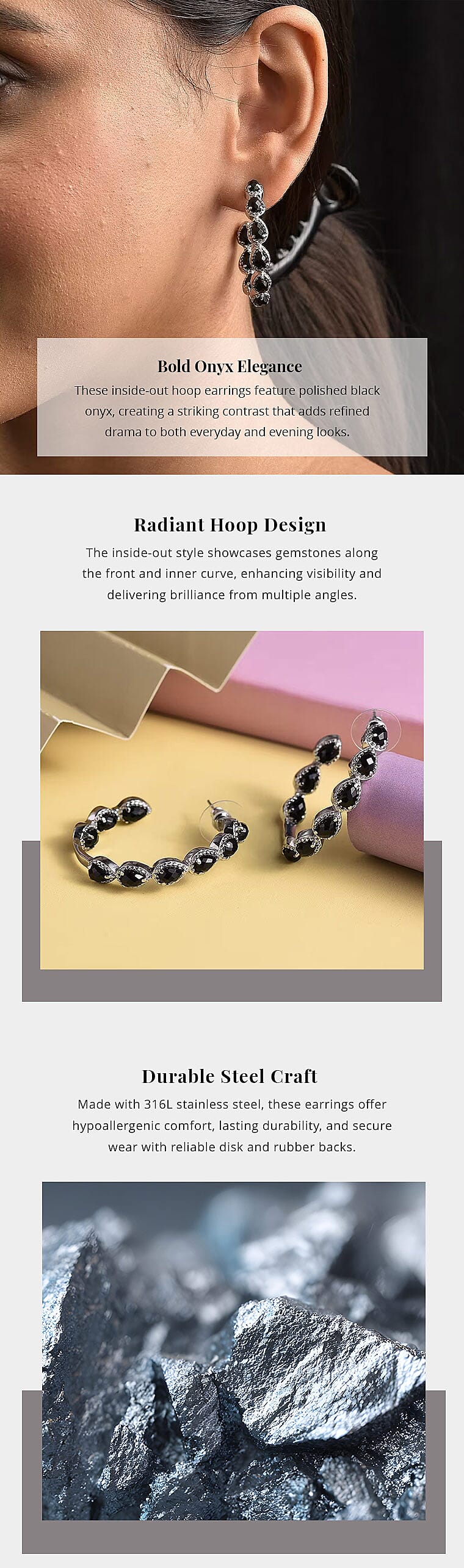 Black Onyx 7.65 ctw Earrings in Stainless Steel, Inside Out Hoops, Black Jewelry For Women Banner