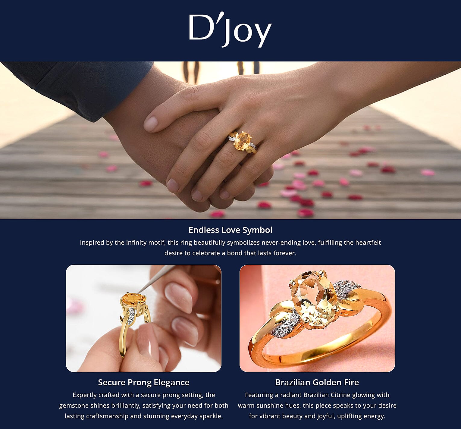 D'Joy Brazilian Citrine, White Zircon 1.25 ctw Infinity Ring in 14K Yellow Gold Over Sterling Silver, White Zircon Accent Ring Banner