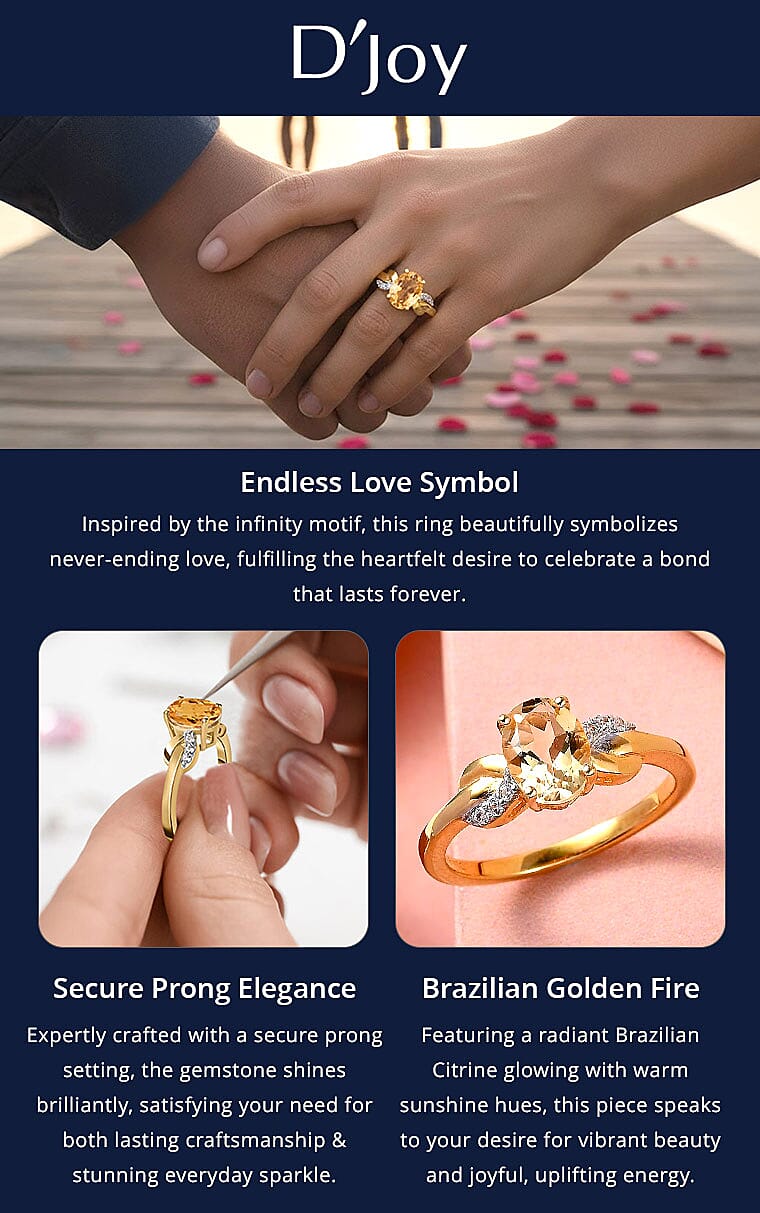 D'Joy Brazilian Citrine, White Zircon 1.25 ctw Infinity Ring in 14K Yellow Gold Over Sterling Silver, White Zircon Accent Ring Banner