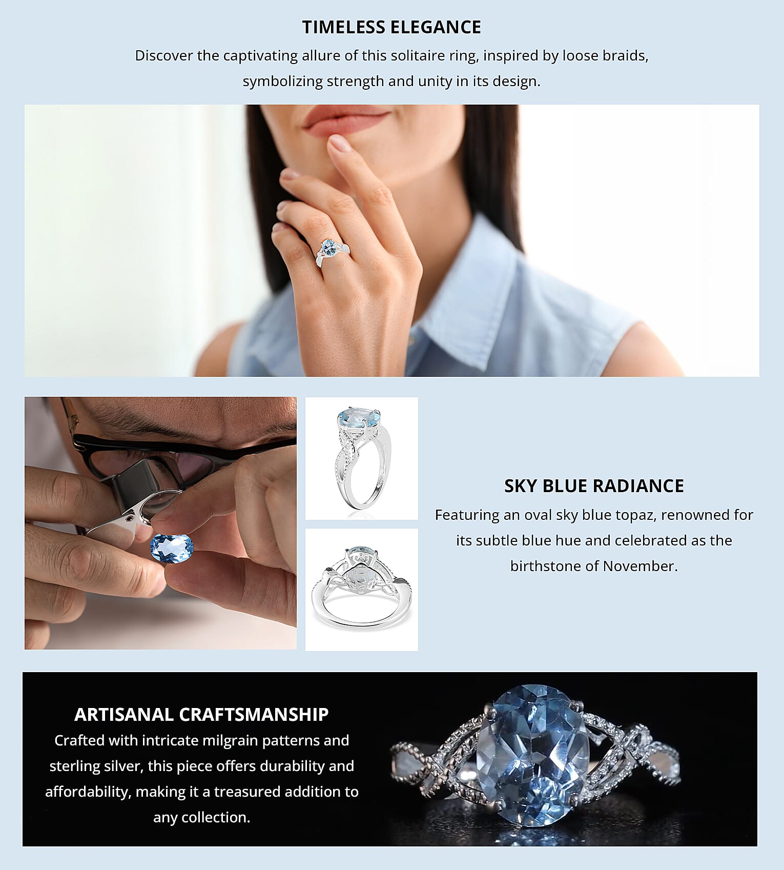 Sky Blue Topaz Loose Braid Solitaire Ring in Sterling Silver Banner