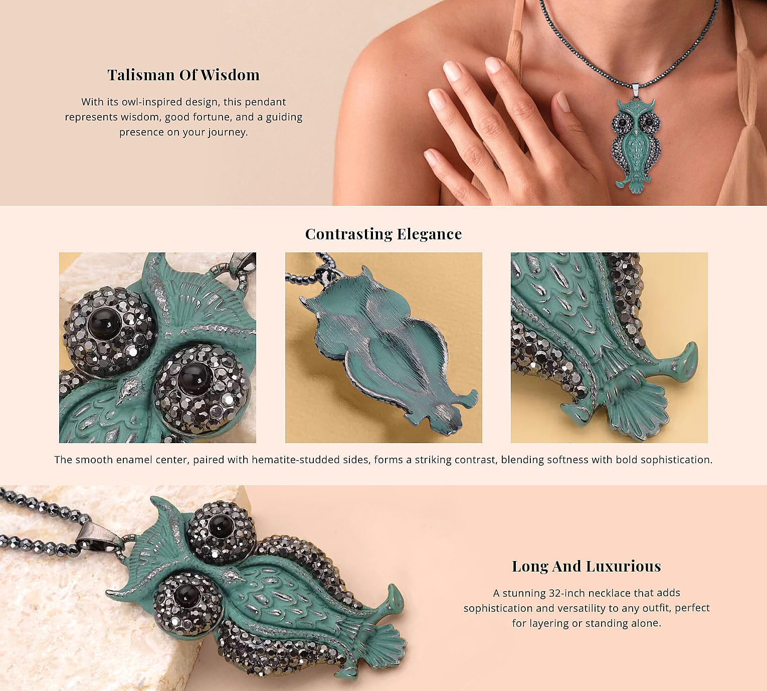 Hematite and Multi Gemstone, Enameled Owl Pendant With Necklace Banner