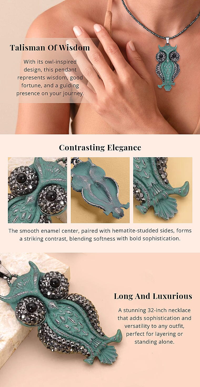 Hematite and Multi Gemstone, Enameled Owl Pendant With Necklace Banner