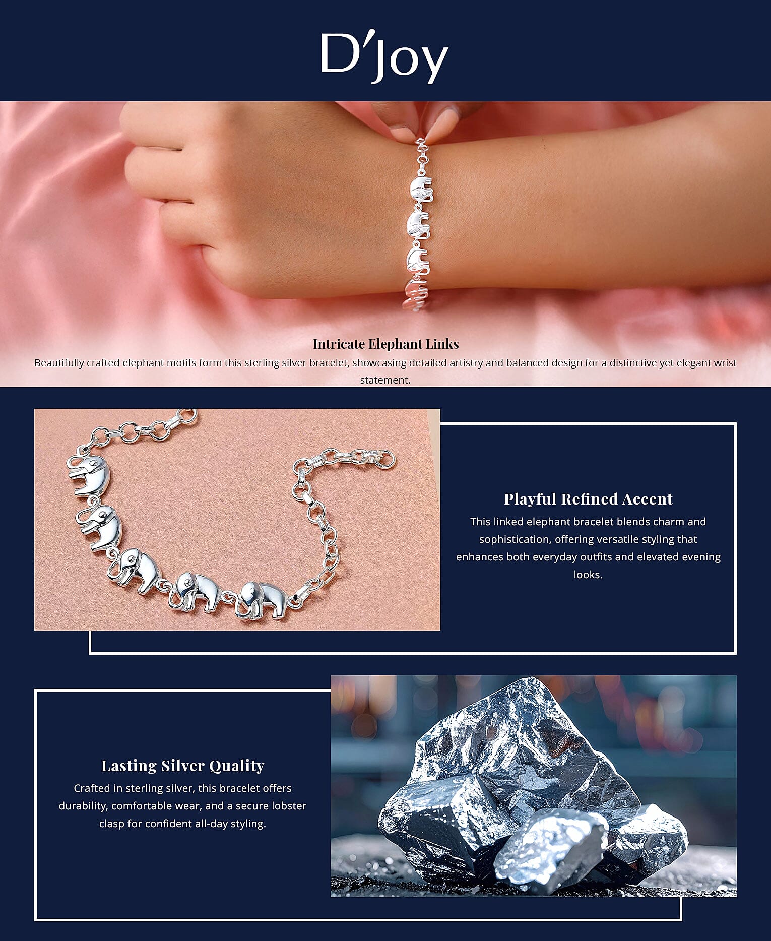 D'Joy Linked Elephants Bracelet in Sterling Silver (7.25 In) 7.15 Grams Banner