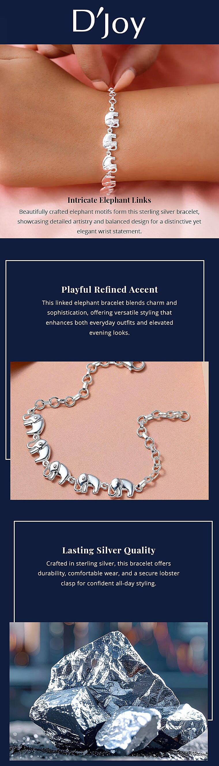 D'Joy Linked Elephants Bracelet in Sterling Silver (7.25 In) 7.15 Grams Banner