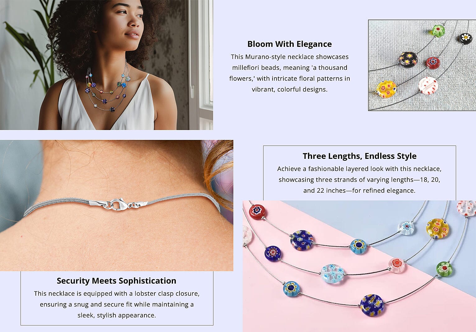 Multi Color Murano Style Station Necklace in Stainless Steel, Layered Necklace For Women Banner