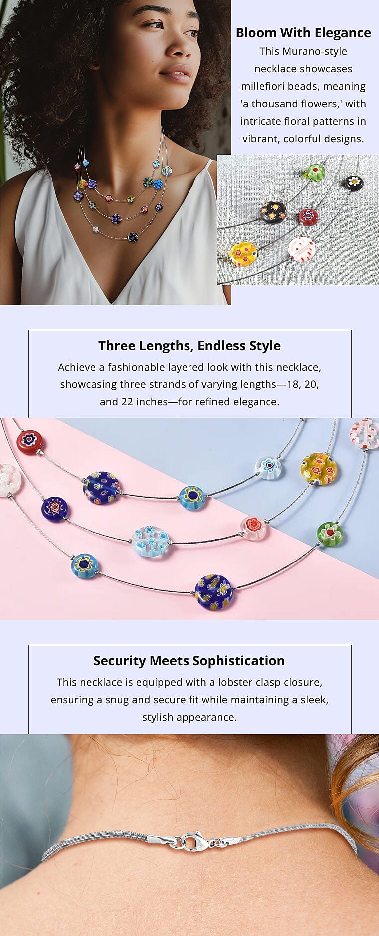Multi Color Murano Style Station Necklace in Stainless Steel, Layered Necklace For Women Banner