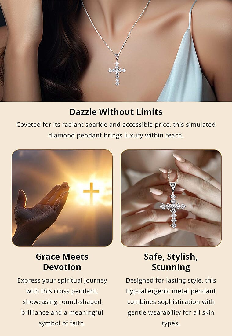 Simulated Diamond Pendant in Sterling Silver, Cross Pendant Banner