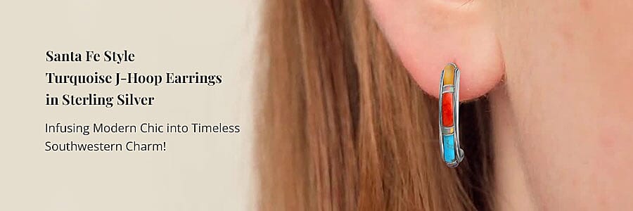 Santa Fe Style Turquoise J-Hoop Earrings in Sterling Silver Banner