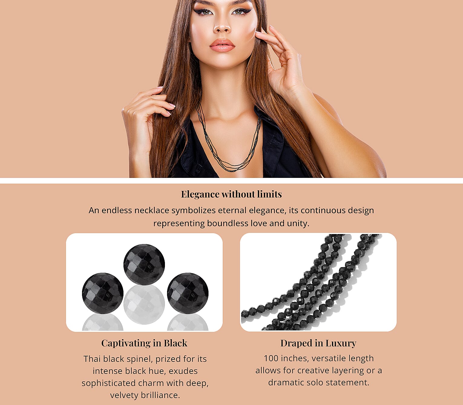 Thai Black Spinel Endless Beaded Necklace 100 Inches 80.00 ctw Banner