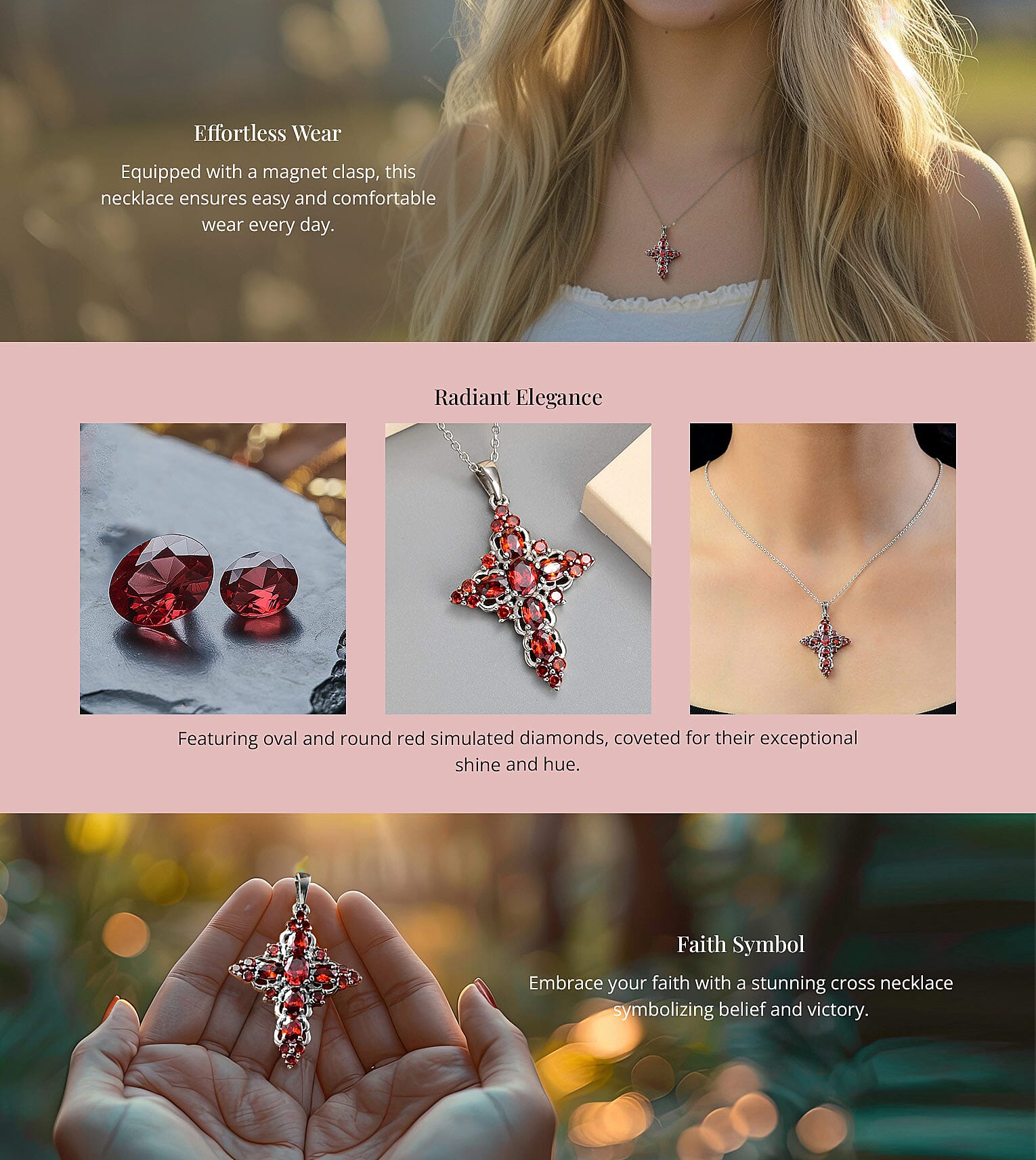 Simulated Red Diamond Necklace in Stainless Steel, Cross Pendant Banner