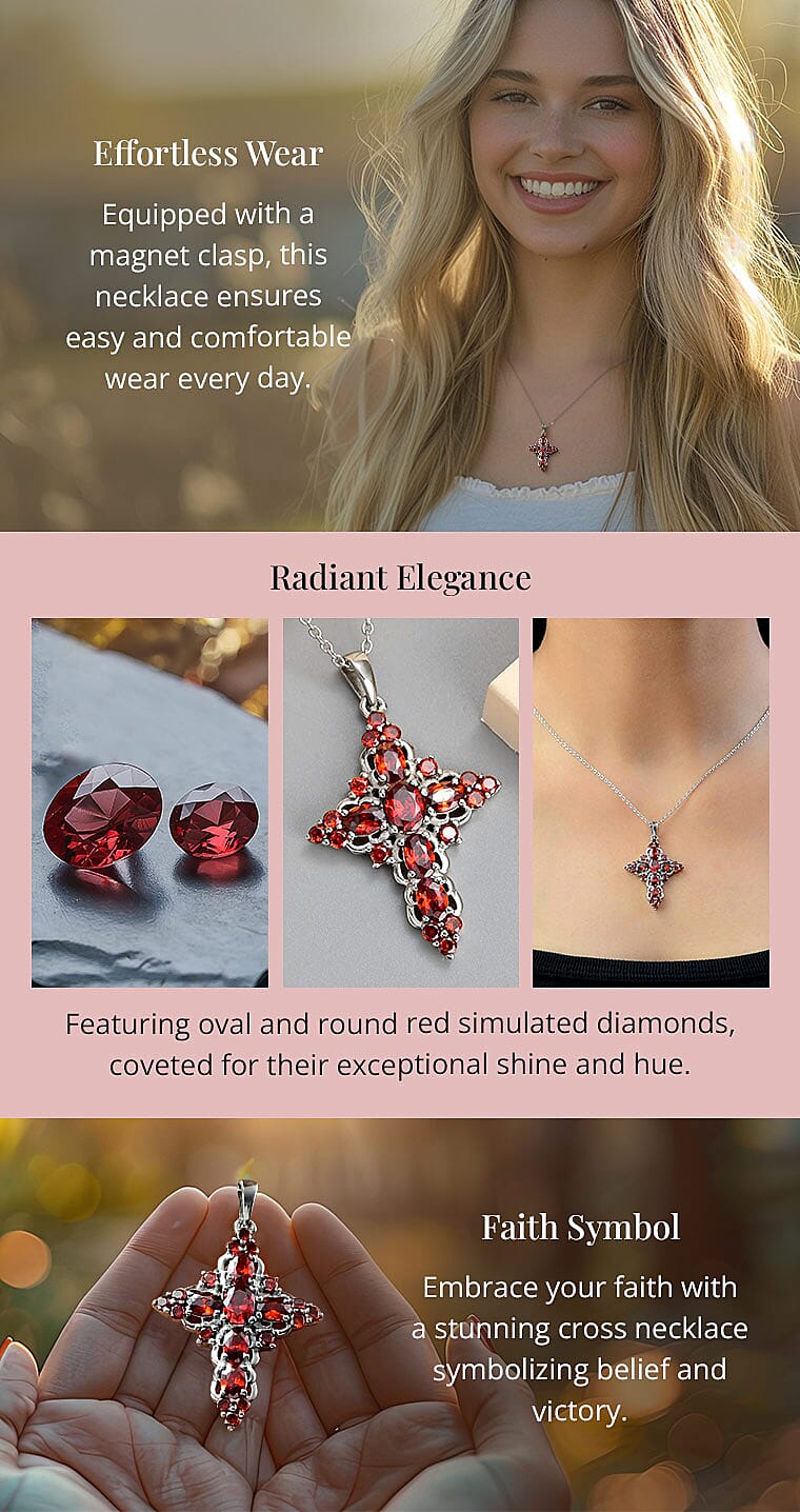 Simulated Red Diamond Necklace in Stainless Steel, Cross Pendant Banner