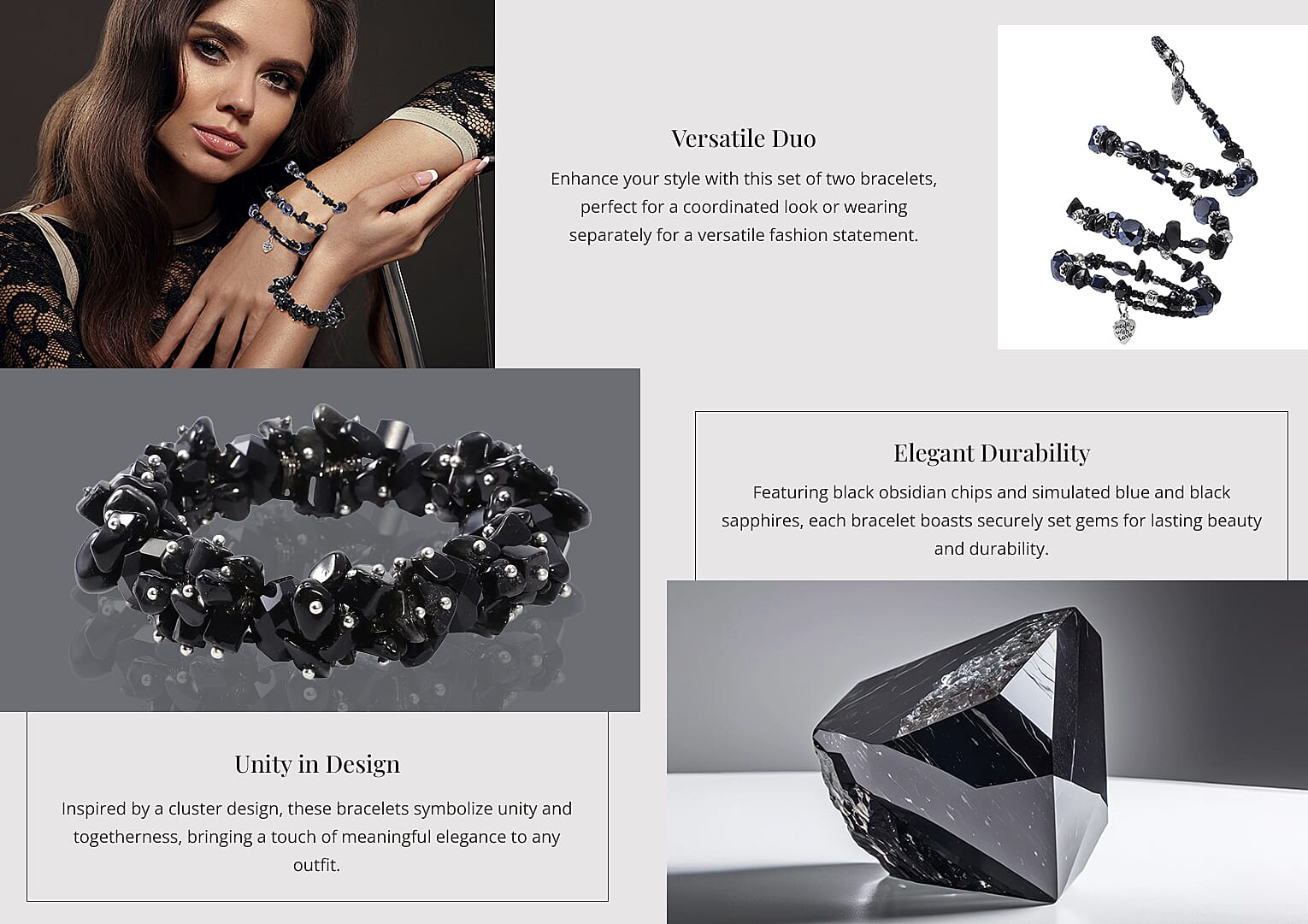 Set of 2 Black Obsidian and Simulated Blue and Black Sapphire 189.50 ctw Wrap and Stretch Bracelets in Silvertone Banner