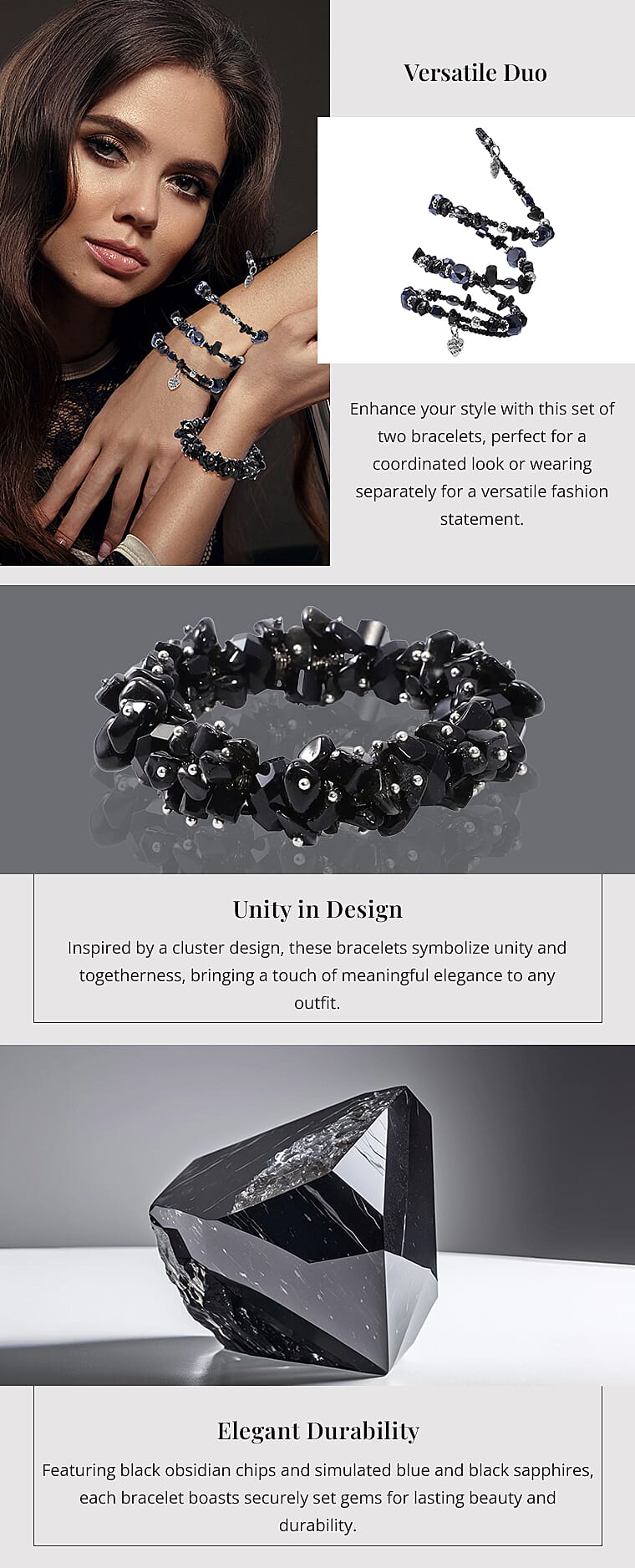 Set of 2 Black Obsidian and Simulated Blue and Black Sapphire 189.50 ctw Wrap and Stretch Bracelets in SilvertoneBanner