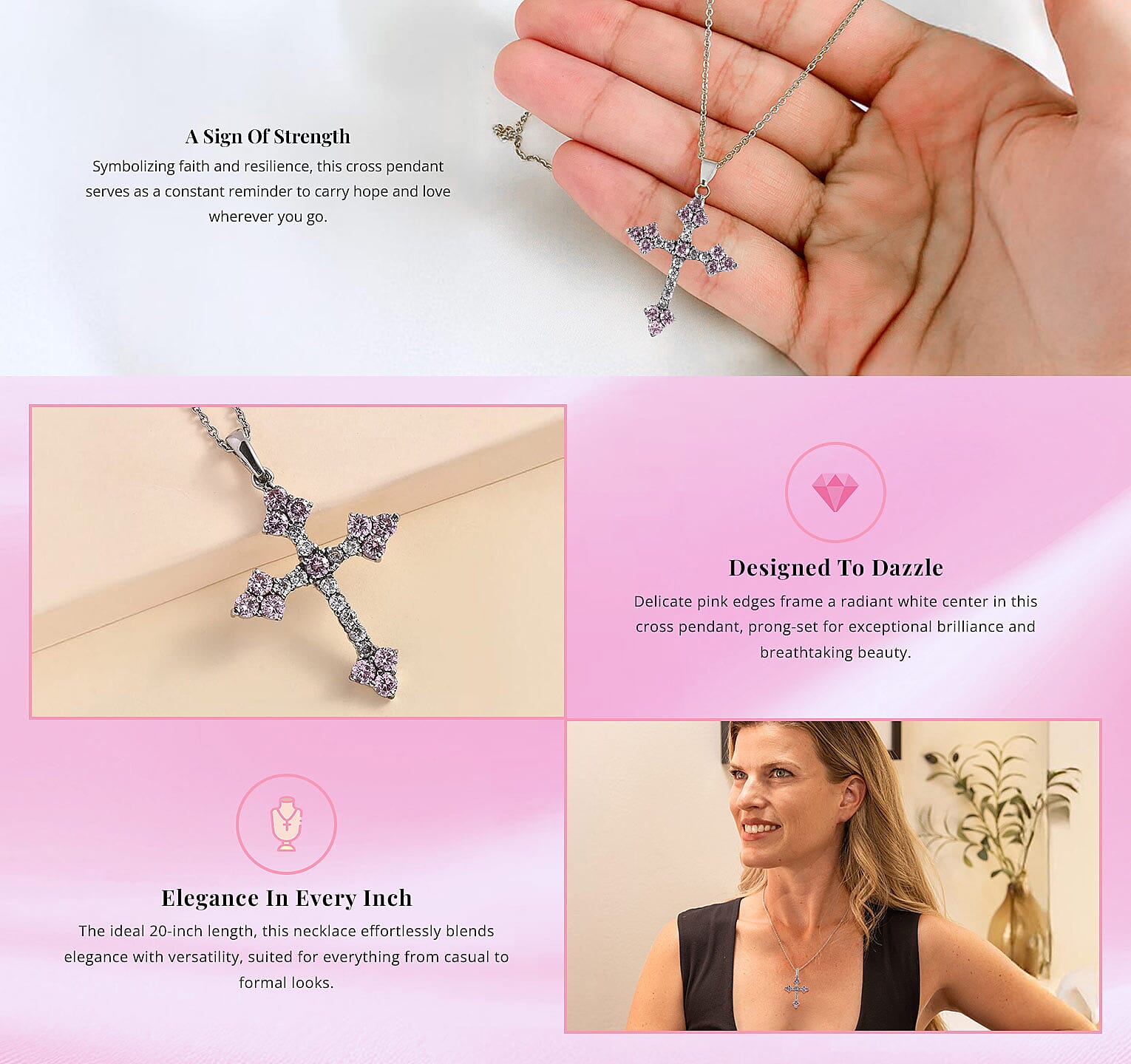 Simulated Pink and White Diamond Cross Pendant Necklace Banner