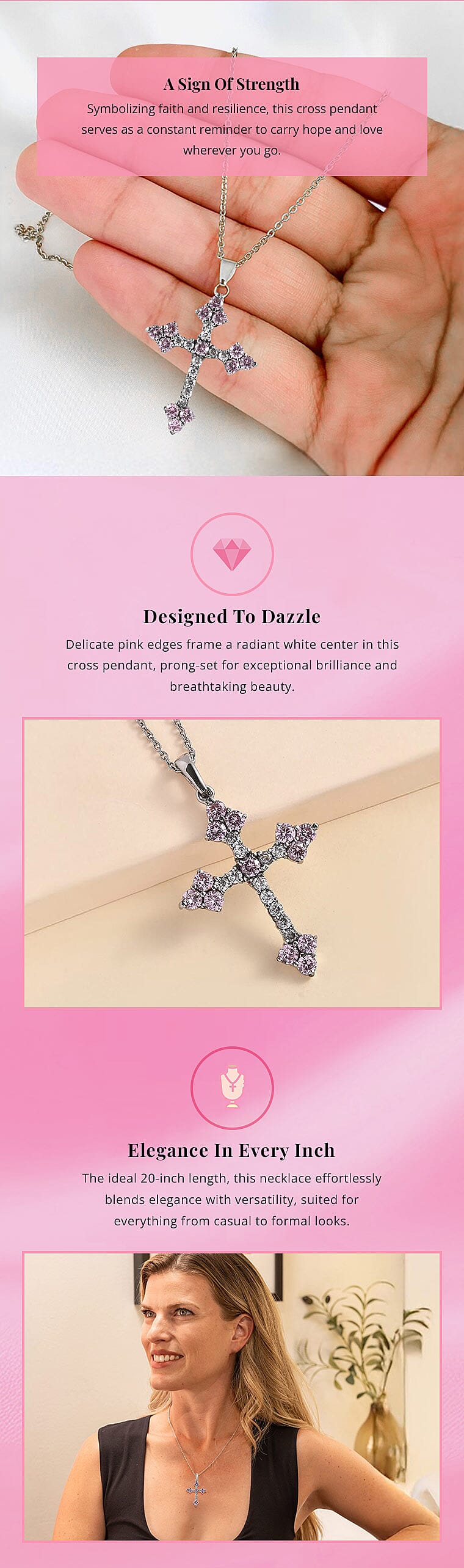 Simulated Pink and White Diamond Cross Pendant Necklace Banner