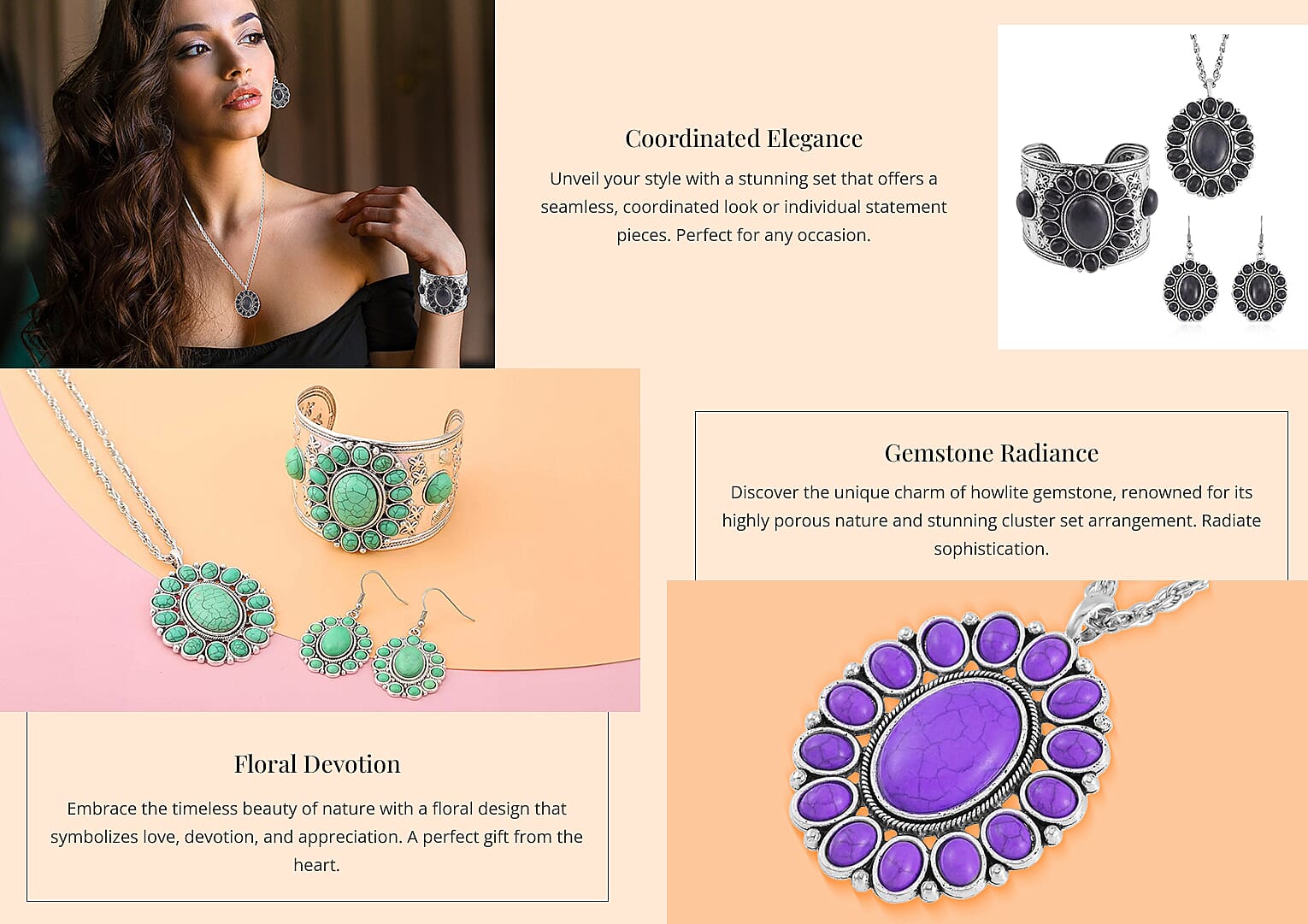 Howlite Gemstone Floral Cuff Bracelet Earrings and Pendant Necklace in Silvertone Banner