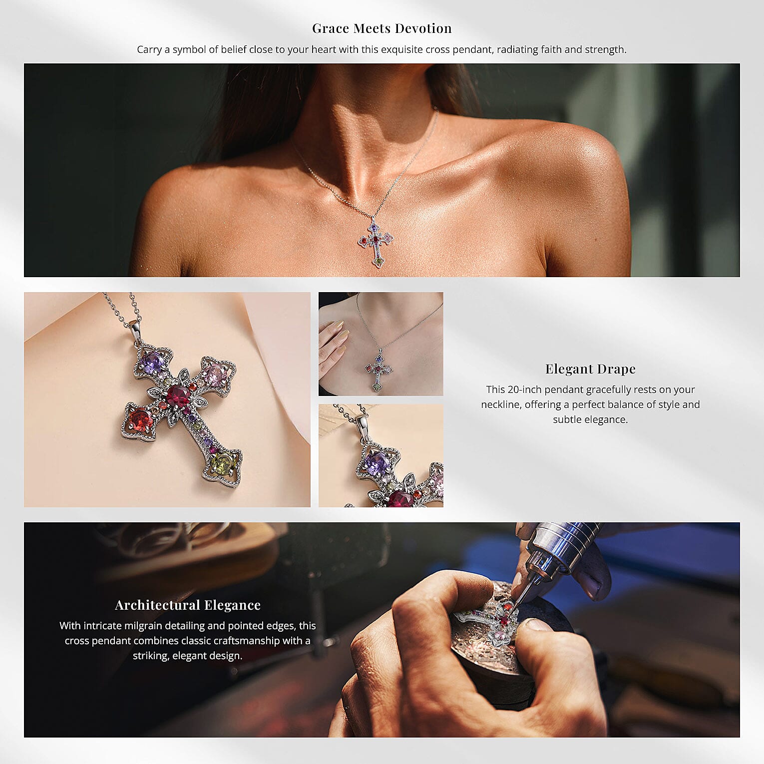 Simulated Multi Color Diamond Cross Pendant Necklace in Stainless Steel Banner