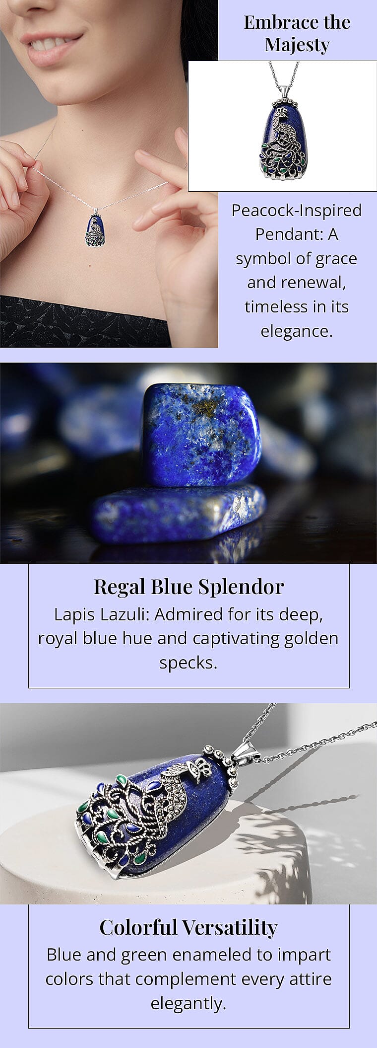 Lapis Lazuli Swiss Marcasite Enameled Necklace in Stainless Steel Banner