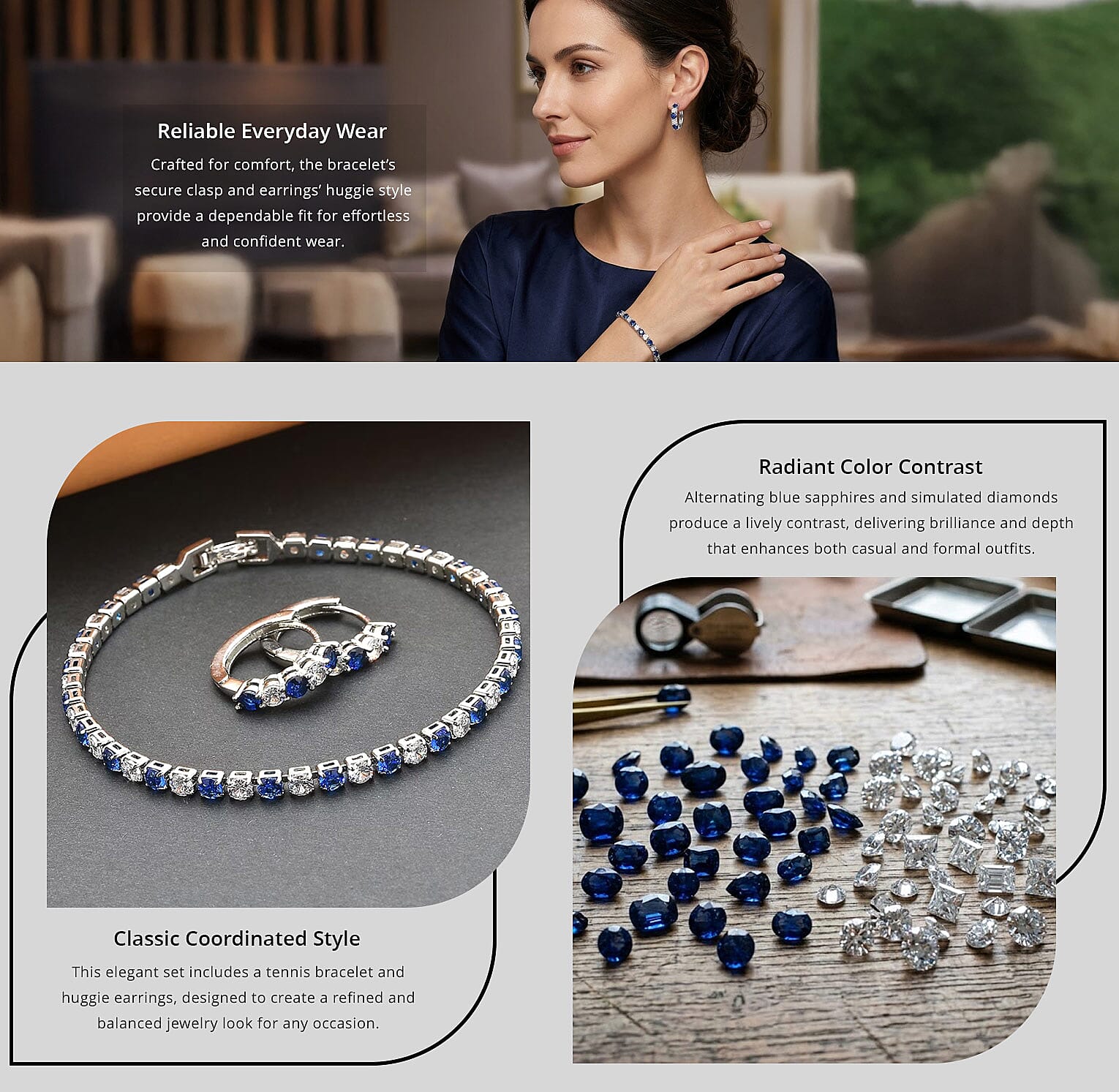 Lab Created Blue Sapphire and Simulated Diamond Tennis Bracelet (7.00 In) and Huggie Earrings in Silvertone Banner