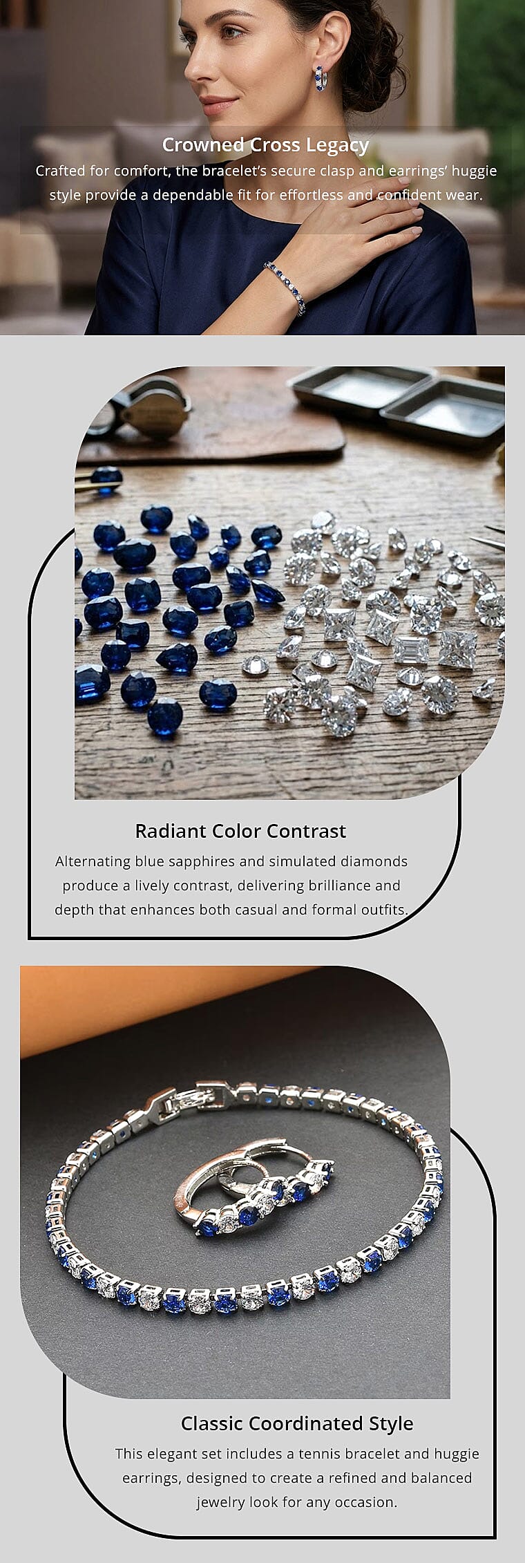 Lab Created Blue Sapphire and Simulated Diamond Tennis Bracelet (7.00 In) and Huggie Earrings in Silvertone Banner