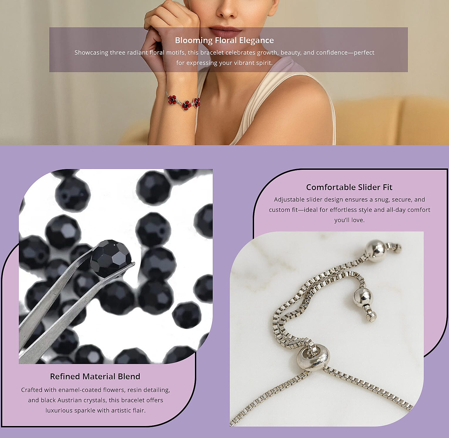 Resin and Black Austrian Crystal Enameled Poppy Bolo Bracelet in Silvertone (6.00 In) Banner