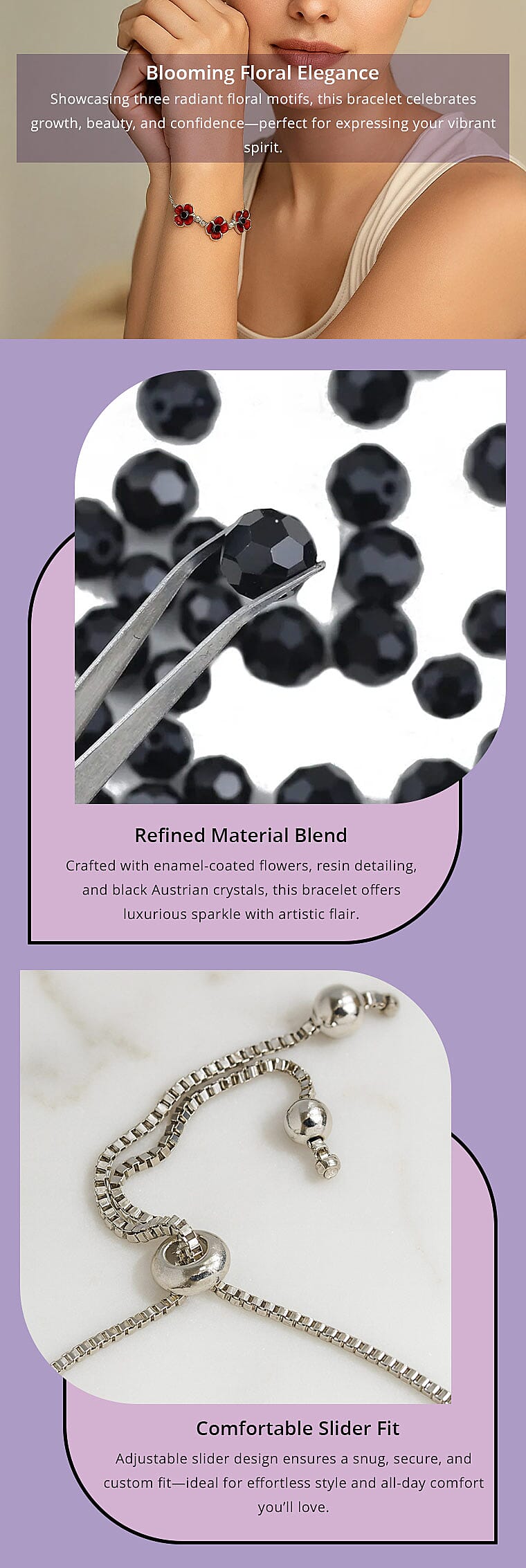 Resin and Black Austrian Crystal Enameled Poppy Bolo Bracelet in Silvertone (6.00 In) Banner