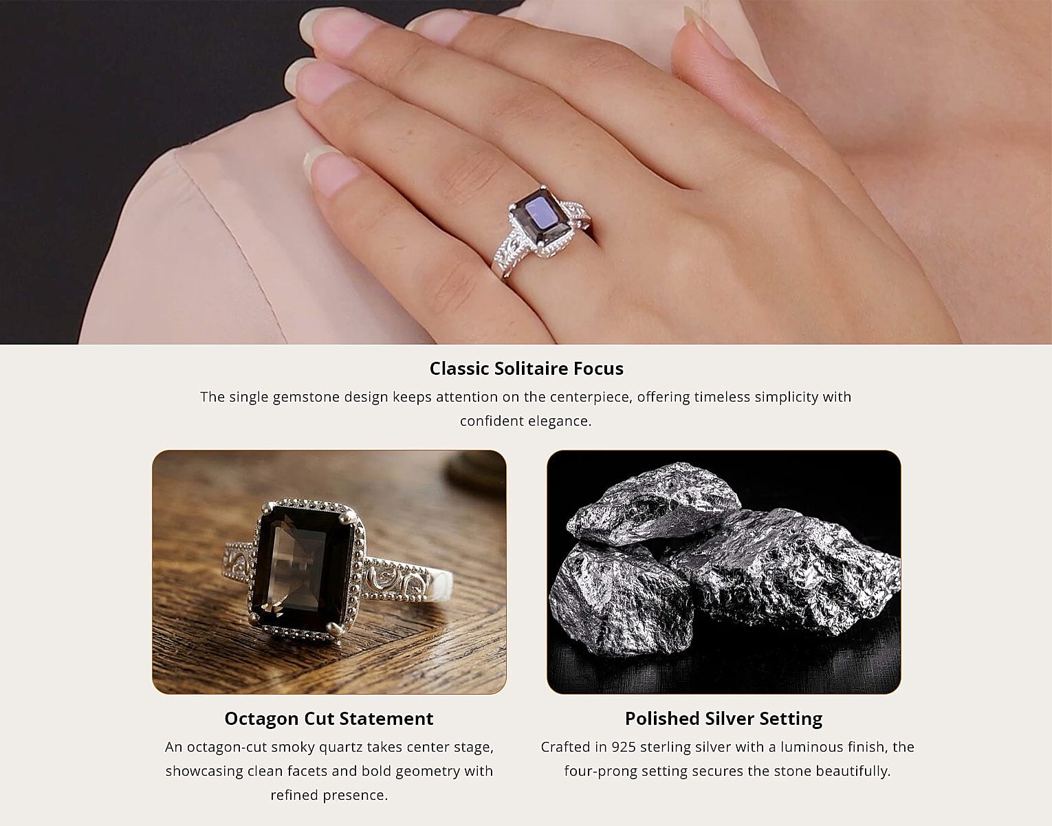 D'Joy Brazilian Smoky Quartz 3.25 ctw Ring in Platinum Over Sterling Silver, Silver Solitaire Ring, Engagement Rings For Women Banner