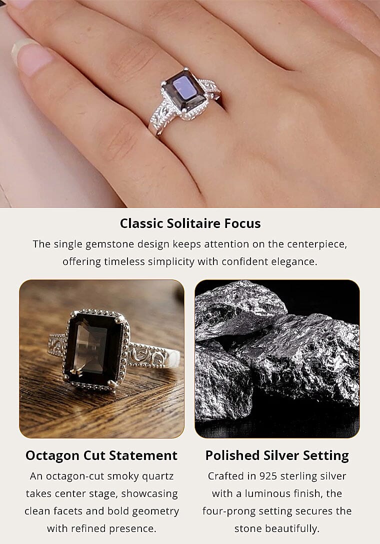 D'Joy Brazilian Smoky Quartz 3.25 ctw Ring in Platinum Over Sterling Silver, Silver Solitaire Ring, Engagement Rings For Women Banner