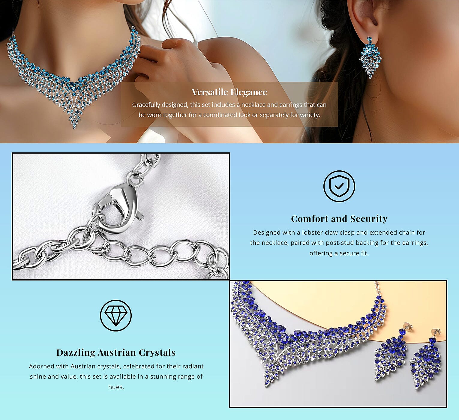 Blue Austrian Crystal Earrings and Bib Necklace in Silvertone Banner