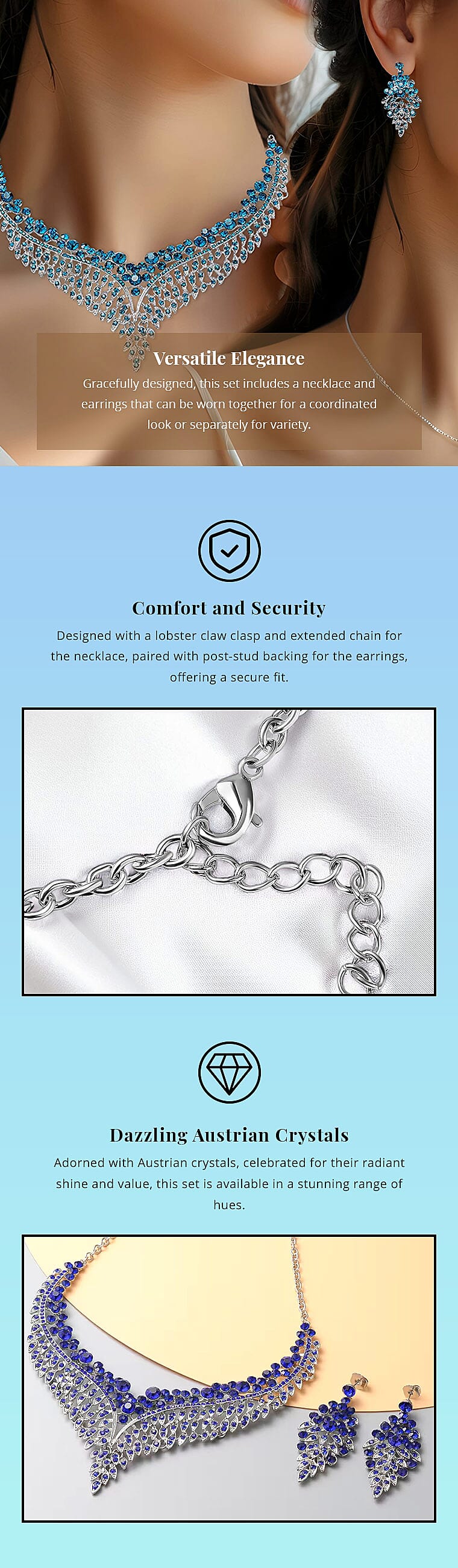 Blue Austrian Crystal Earrings and Bib Necklace in Silvertone Banner