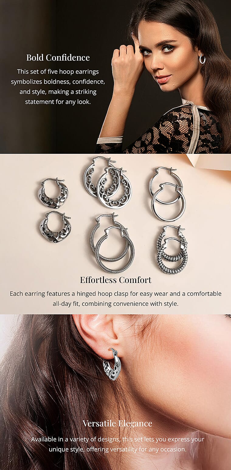 Set of 5 Multi Style Hoop Earrings in Stainless SteelBanner