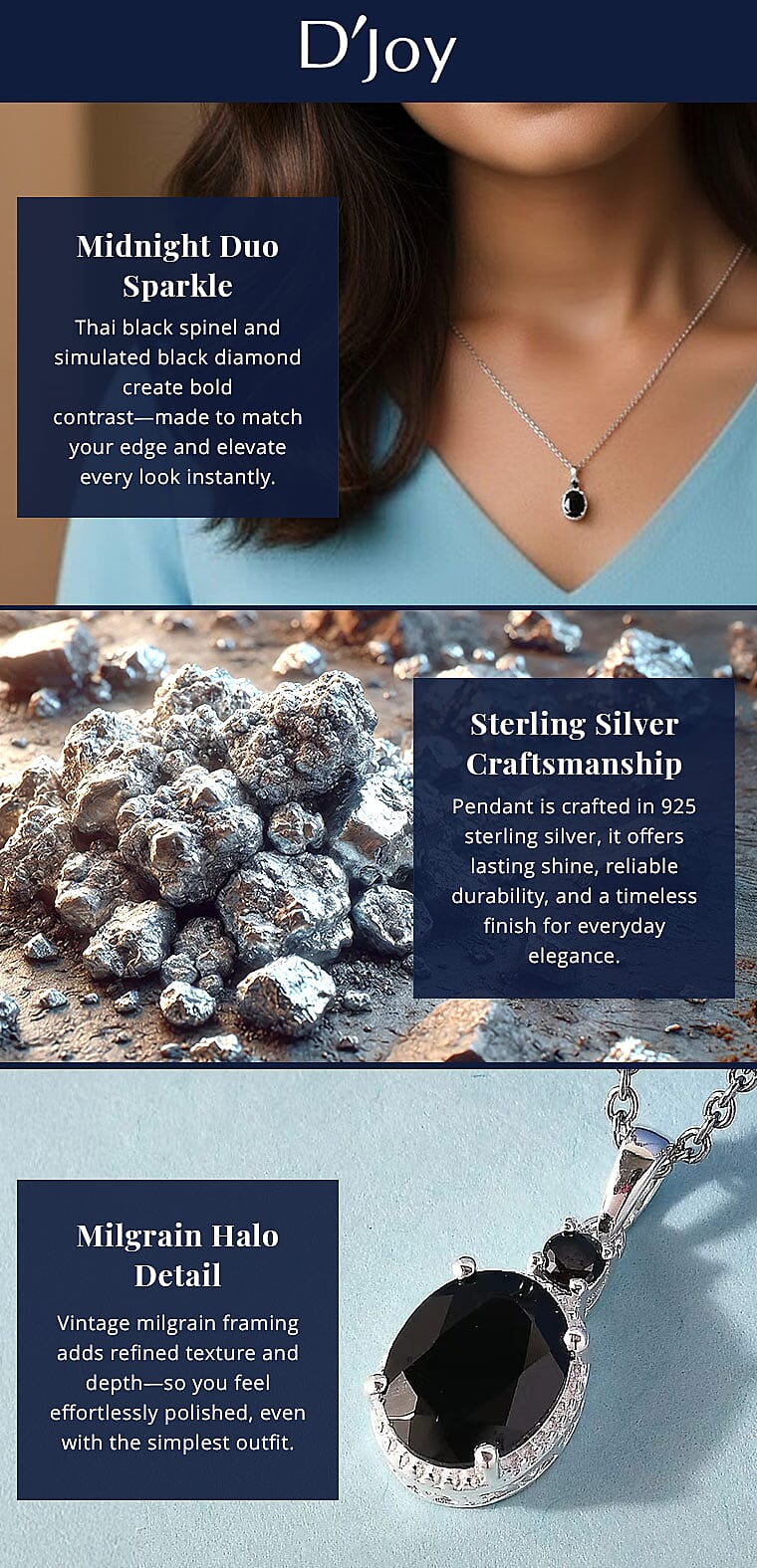 D'Joy Thai Black Spinel and Simulated Black Diamond 3.50 ctw Magnetic Clasp Pendant Banner