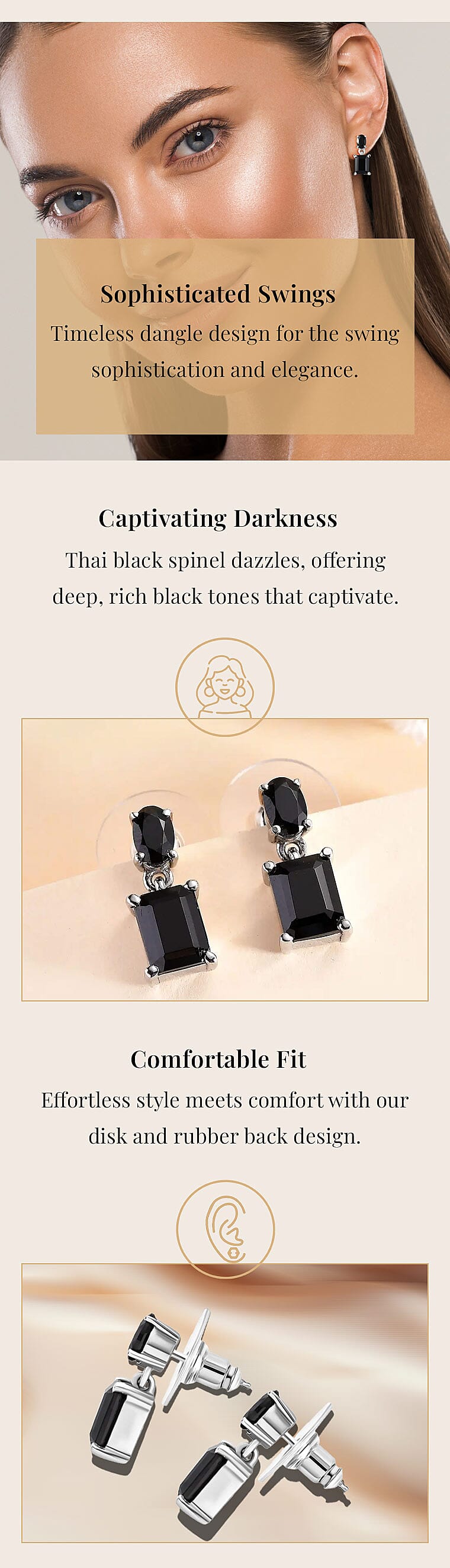 Thai Black Spinel Dangle Earrings in Stainless SteelBanner
