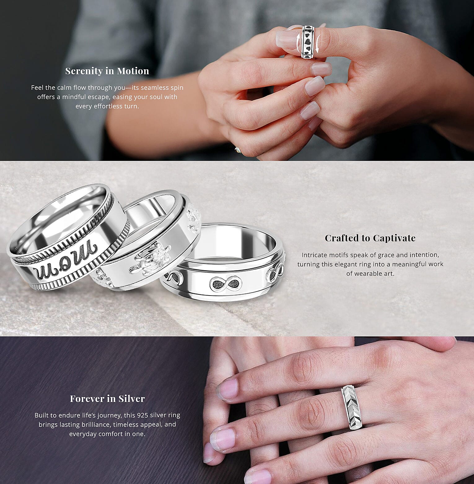 Turtle Band Spinner Ring in Sterling Silver, Anxiety Ring for Women Banner