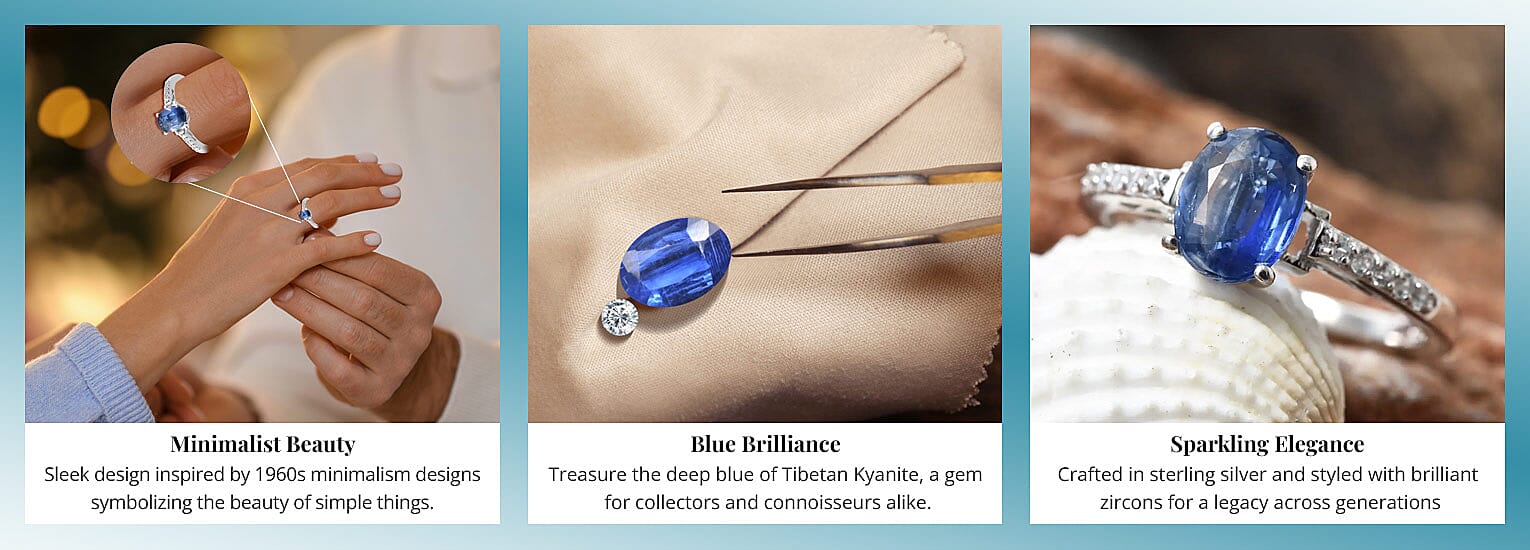 Tibetan Kyanite and Cambodian Zircon Ring in Platinum Over Sterling Silver Banner