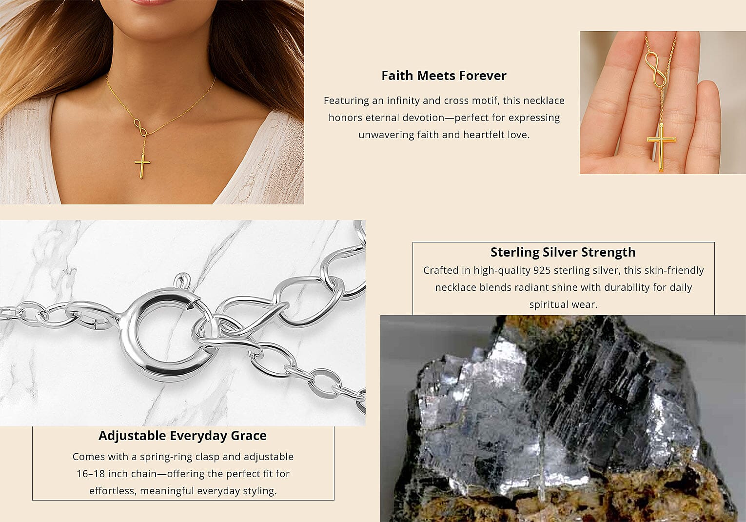 14K Yellow Gold Over Sterling Silver Cross Infinity Lariat Necklace 16-18 Inches 4.10 Grams Banner